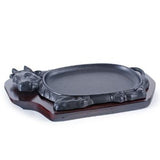 12" x 7" Cow Iron, Wood Steak Plate with Wood Base, Black
