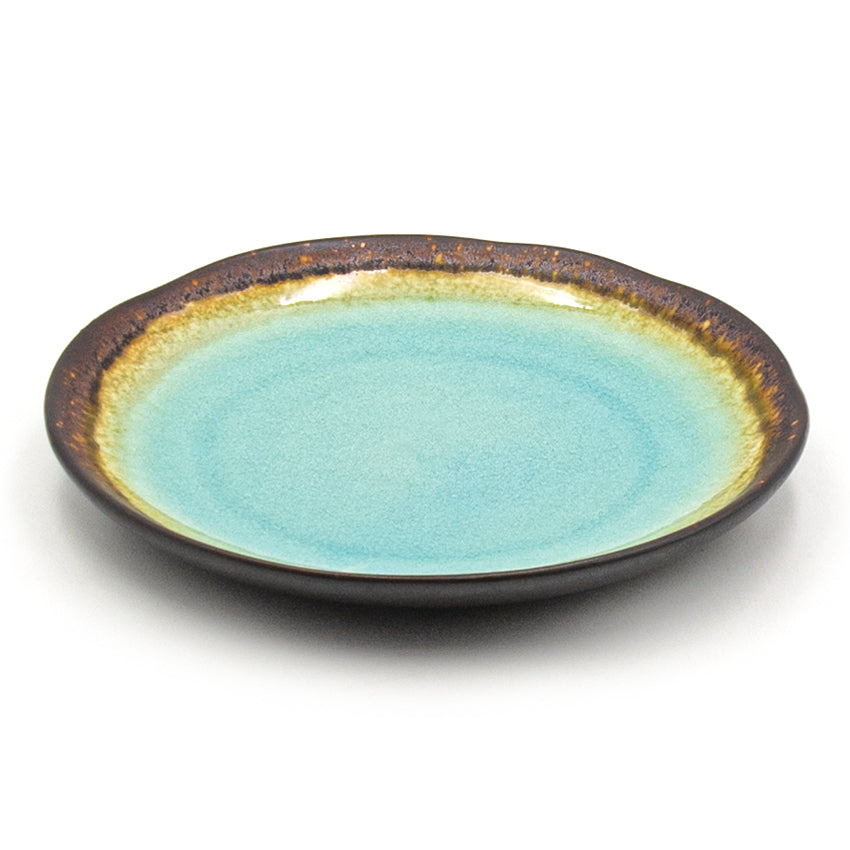 6.85" Round Ceramic Plate, Dark Brown, Turquoise