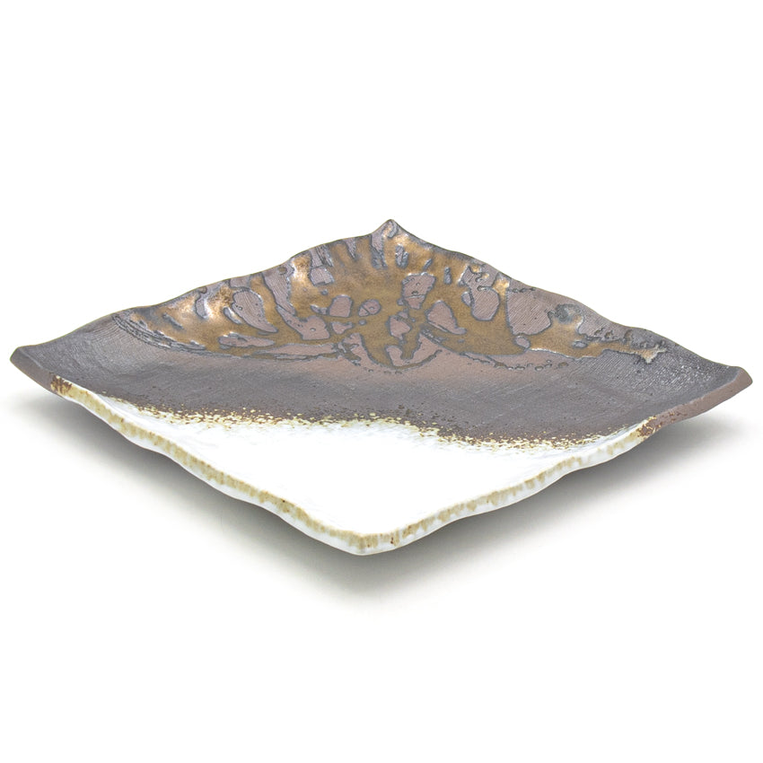 9.75" Square Ceramic Plate, Brown, White, Gold