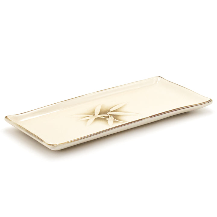 11" x 5" Rectangular Ceramic Plate, Beige — Bamboo Leaf Design