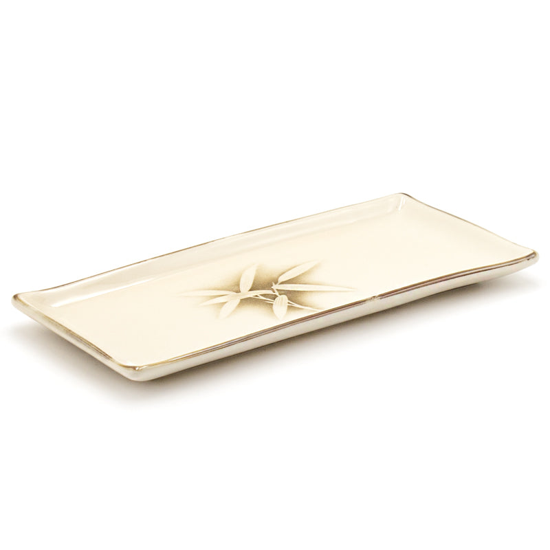 11" x 5" Rectangular Ceramic Plate, Beige — Bamboo Leaf Design