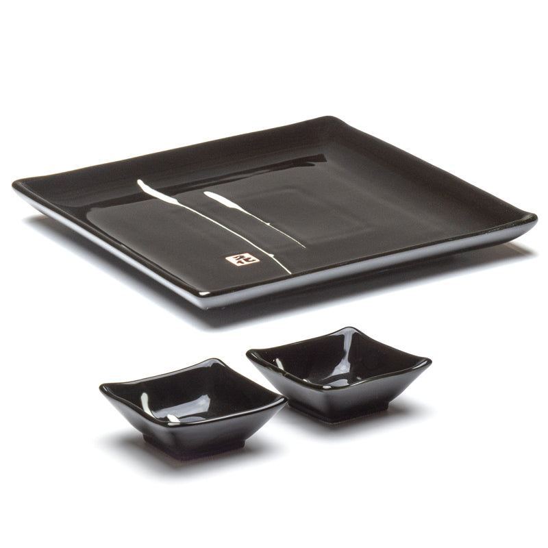 Ceramic 3-Piece Plate & Bowl Set, Black