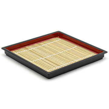 7.75" Square Lacquered Plastic, Bamboo Soba Plate, Black, Red
