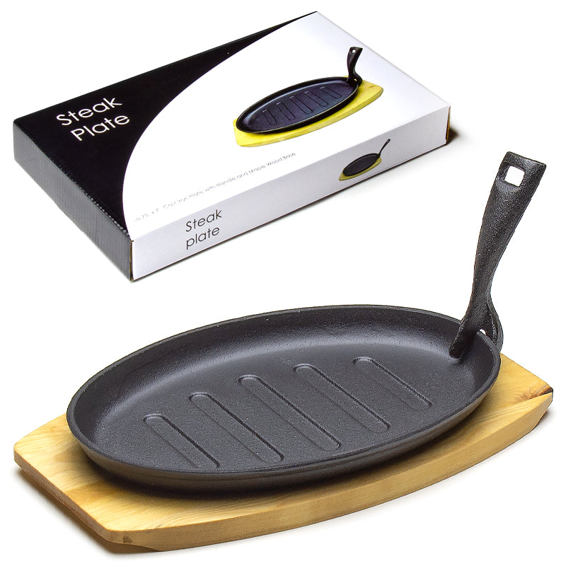 10.75" Oval Iron Steak Plate with Wood Base & Holder, Black