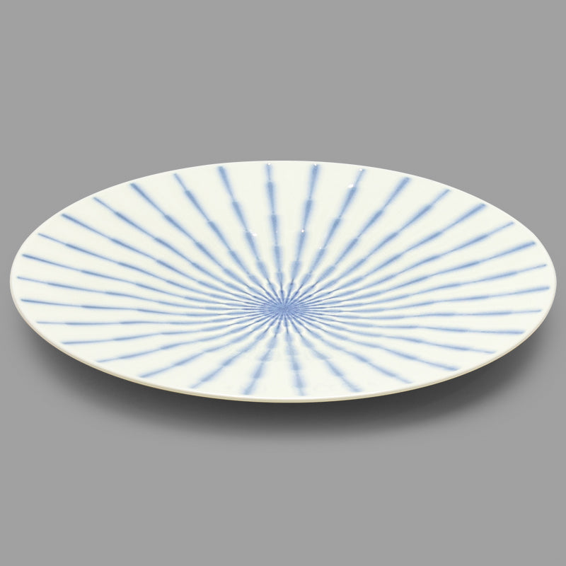 12" Round Serving Platter, White — Blue Stripes Design