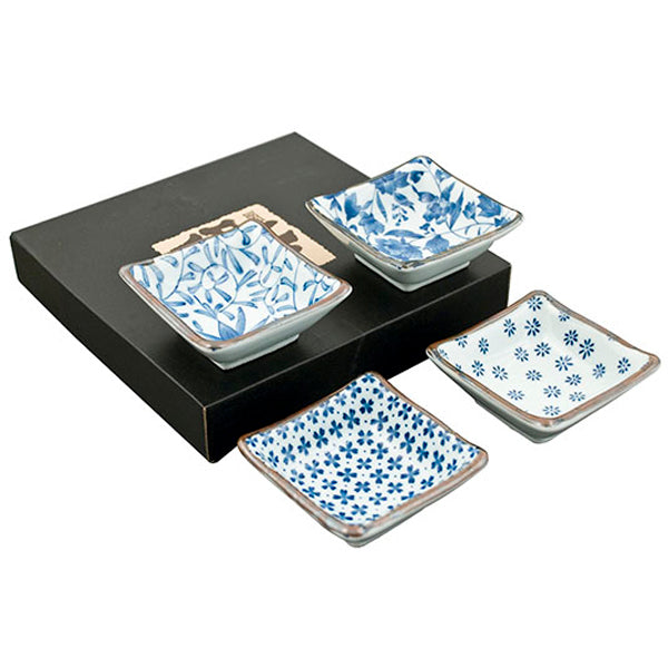 3.5" Square Ceramic 4-Piece Plate Set, Blue, White — Floral Design