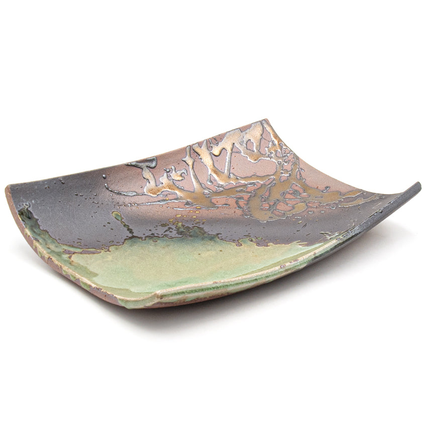 11.25" x 8.25" Rectangular Ceramic Plate, Green, Brown, Gold