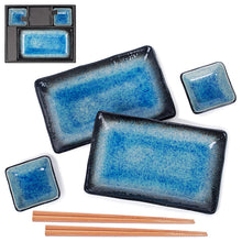 Blue & Black Porcelain Plate and Dish Set with Chopsticks — 6 Pieces