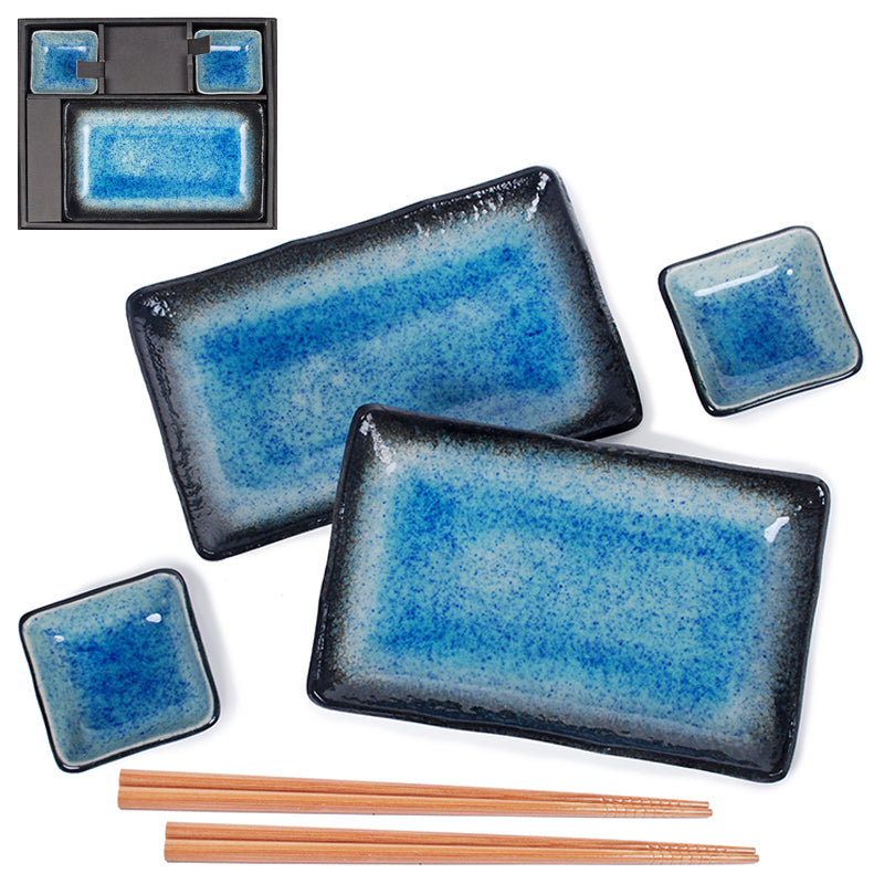 Porcelain 6-Piece Plate & Dish Set with Chopsticks, Blue, Black