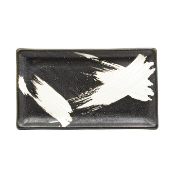 8.65″ × 5″ Black & White Ceramic Sushi Plate — Brush Stroke