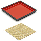 7.75" Square Lacquered Plastic, Bamboo Soba Plate, Black, Red