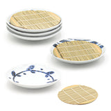 Ceramic, Bamboo 10-Piece Soba Plate & Cup Set with Bamboo Mat, White, Blue — Arabesque Design