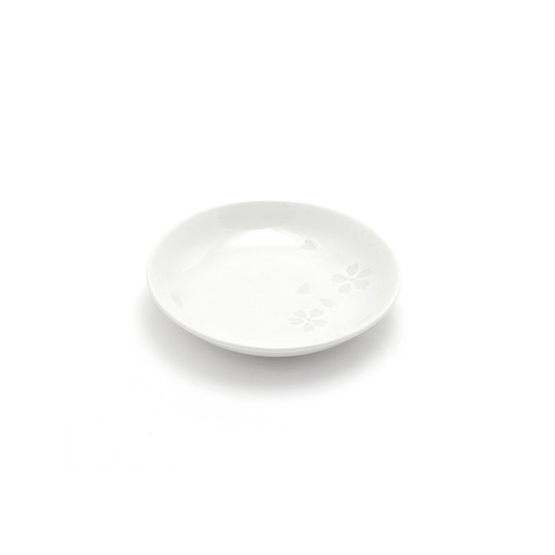 White Sakura sauce plate with pale blossom and petal decoration