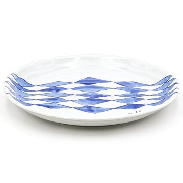 9-3/4" Round Ceramic Plate, Blue, White — Blue Grid Pattern Design