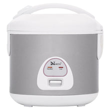 Narita NRC-10SSW silver and white rice cooker with closed lid and front Cook and Warm indicators.