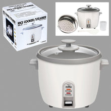 Zojirushi NHS-10WB white rice cooker and steamer shown with its matching carton, glass lid and front cooking switch.