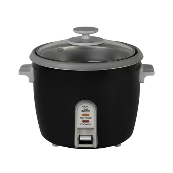 Zojirushi NHS-10BA black six-cup rice cooker with glass lid, gray handles and front cooking switch.