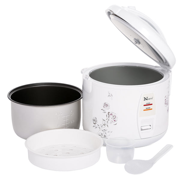Narita NRC-060F with open lid, removable nonstick bowl, steam tray, measuring cup and spatula.