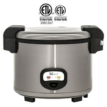 Narita NRC-1160 stainless steel commercial rice cooker with closed lid and black handles.