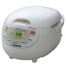 Zojirushi NS-ZCC18-WZ Premium White Neuro Fuzzy rice cooker with a hinged lid, front LCD controls and side carrying handle.