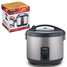 Tiger JNP-S Urban Satin rice cooker with carrying handle, two indicator lights and a carton labelled JNP-S10U, 5.5 Cups.