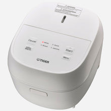 Tiger JBT-B18U white Micom rice cooker with a hinged lid and four rice-menu indicator lights.