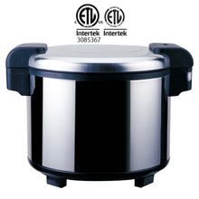 Narita NRW-2155 stainless steel rice warmer with closed lid and black side handles.
