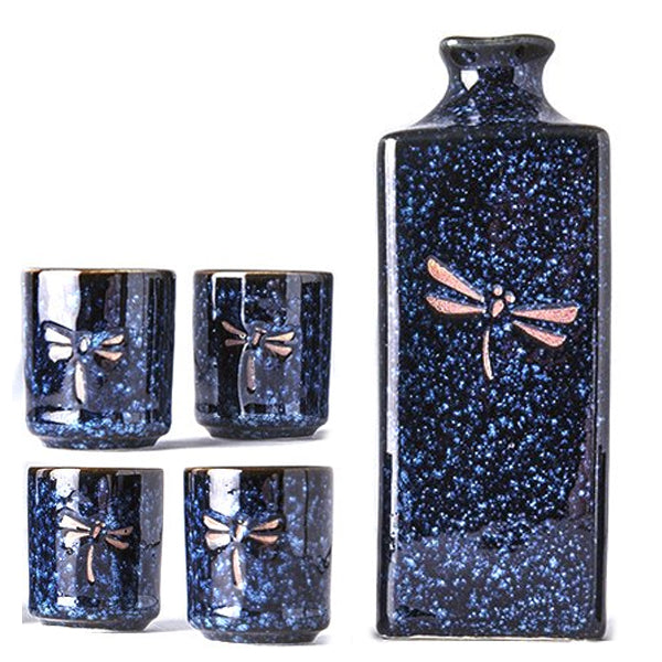 Japanese Sake Set 5-Piece 1:4 - Bottle : 2.5"D x 6.75"H / Cup : 1.75"D x 2.15"H / Midnight Blue Dragonfly