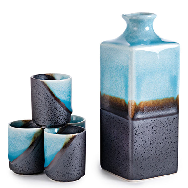 Japanese Sake Set 5-Piece 1:4 - Bottle : 2.5"D x 6.75"H / Cup : 1.75"D x 2.15"H