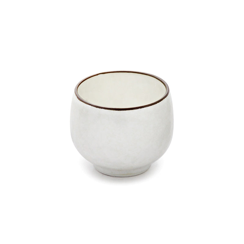 K30-PE white ceramic sake cup with a thin dark rim and low foot