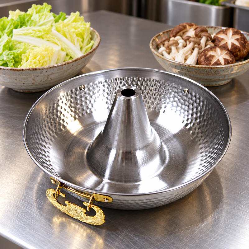 Aluminum Thai hot pot with prepared vegetables on a restaurant worktop