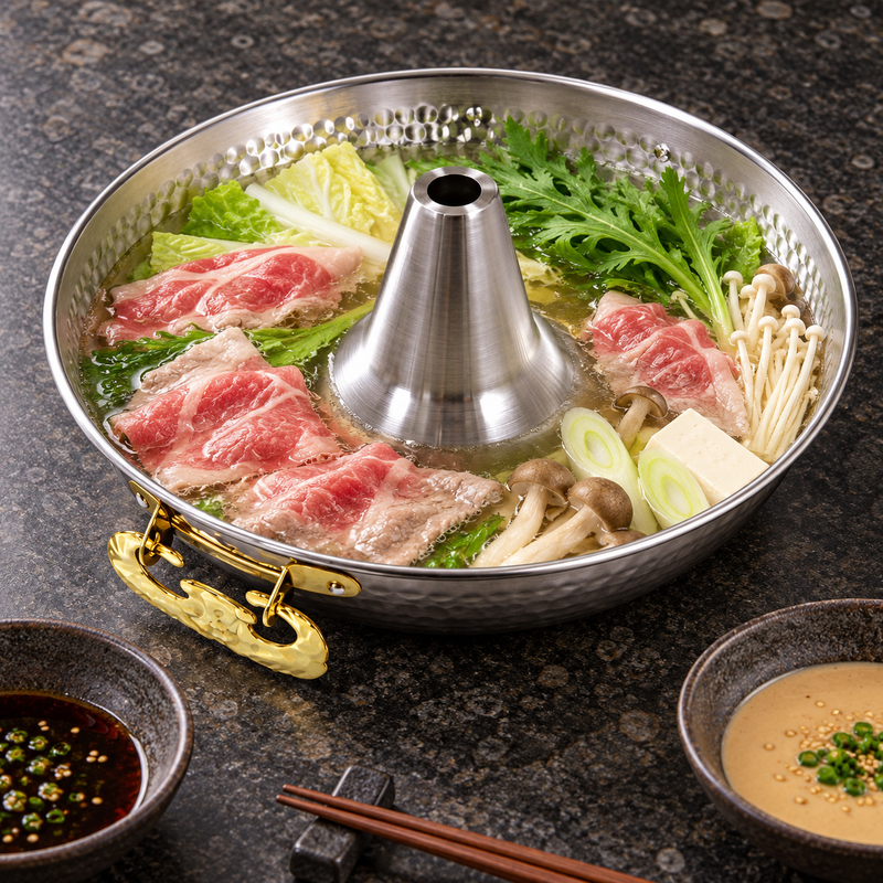 Aluminum Thai hot pot with soup around the center chimney