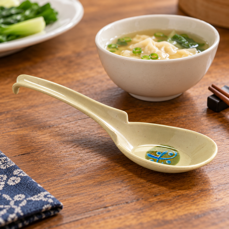 062-M beige and green melamine soup spoon in a meal setting