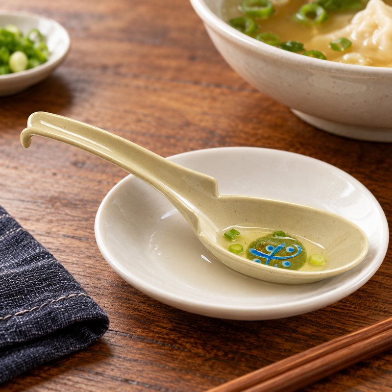 062-M beige and green melamine soup spoon in a meal setting