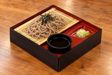 1-529-2 black and red soba set with chilled soba, dipping sauce and small garnishes