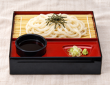 1-529-2 black and red soba set with chilled udon, dipping sauce and small garnishes
