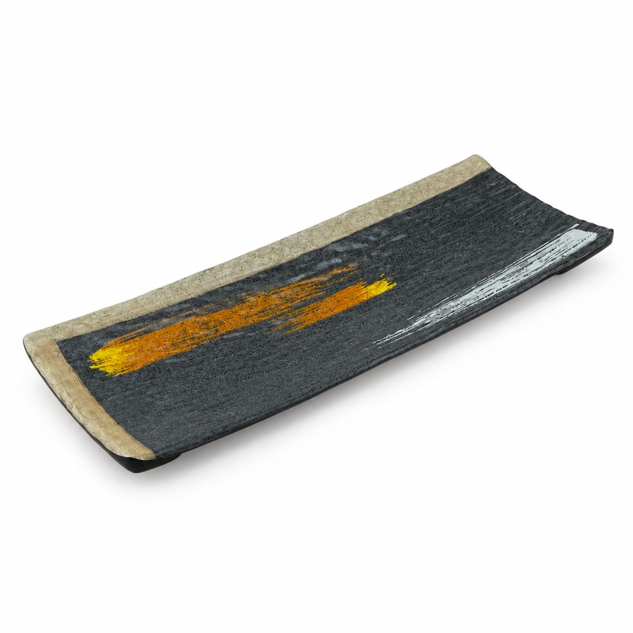 11-1/2"x4-3/8" Melamine Rectangular Plate, Brush Painting. Angled product view.