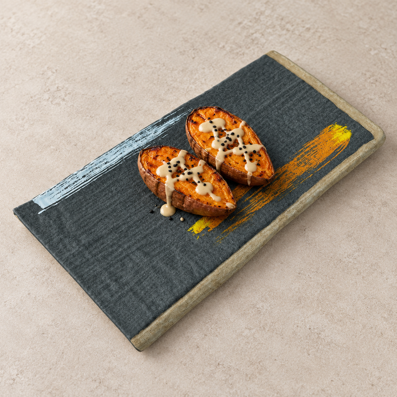 YG-55147BP Brush Painting rectangular platter with a composed serving