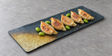 15-3/4" Melamine Rectangular Slate Platter 11/16" H, Black Soil Porcelain. Serving suggestion.