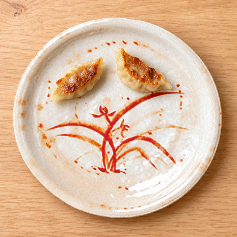 1707GD Gold Orchid melamine plate with two gyoza