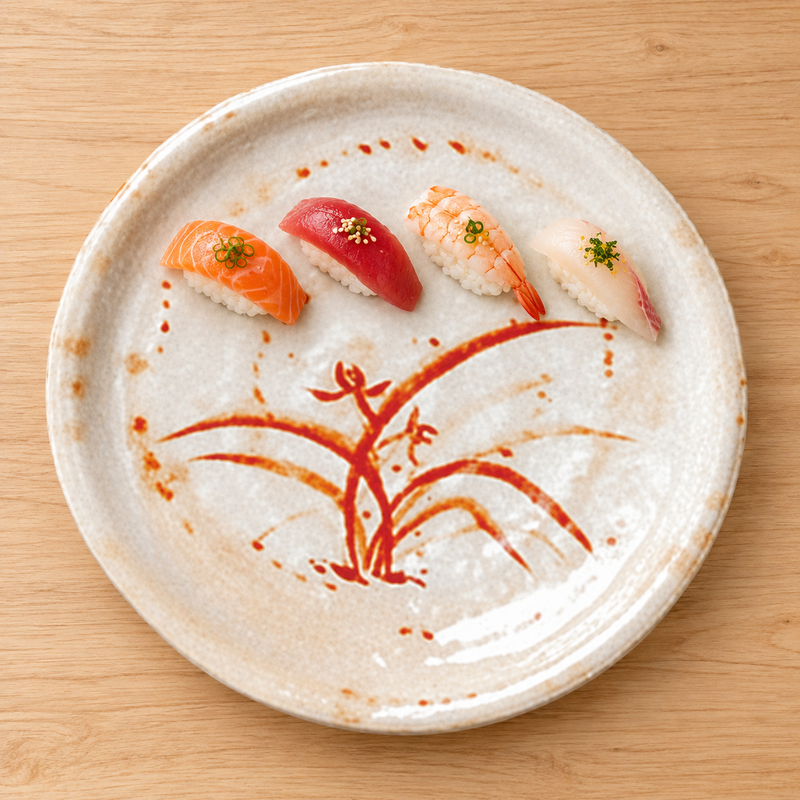 1710GD Gold Orchid melamine plate with four nigiri