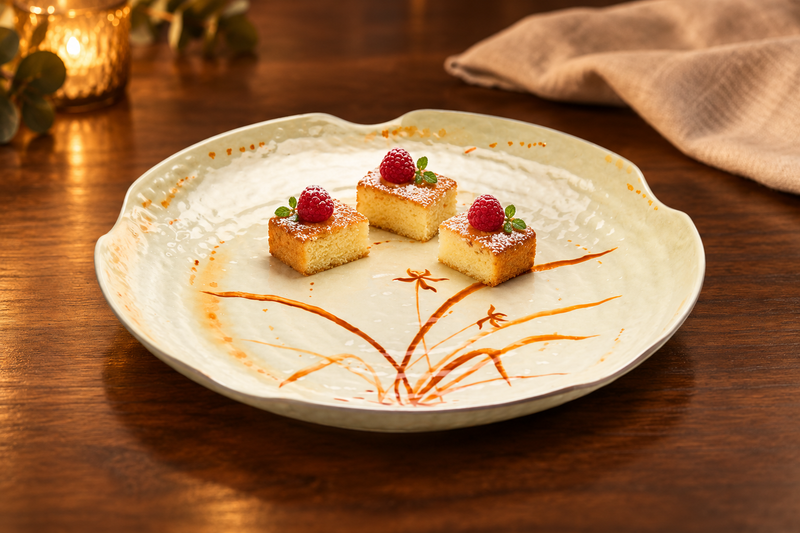 1812GD Gold Orchid melamine plate with three small cakes