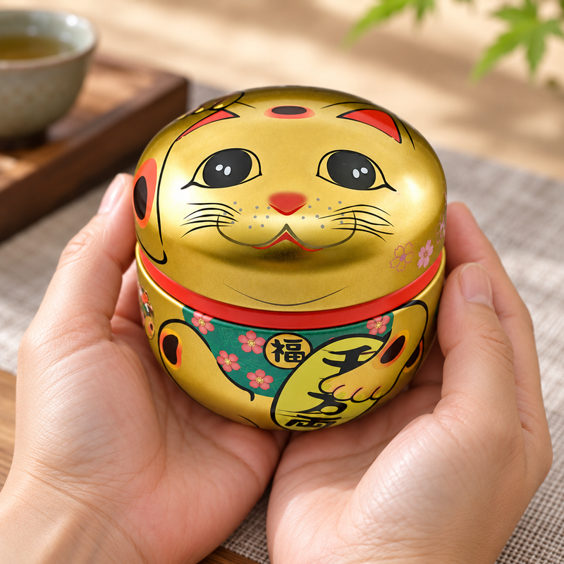 18SC1G gold-tone lucky cat tea container cradled in hands