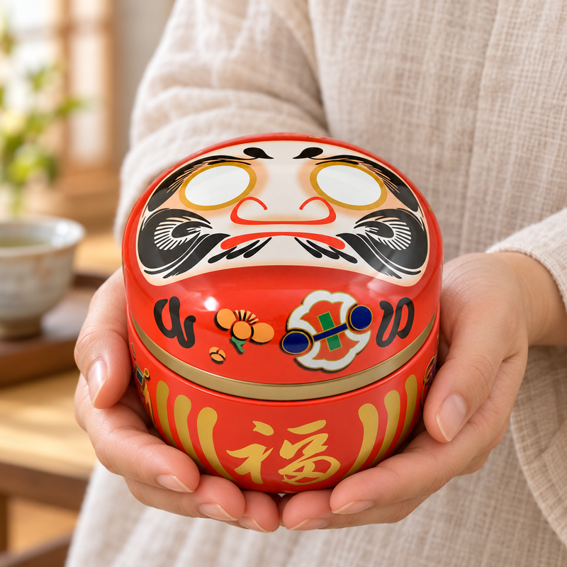 red Daruma tea canister held during a tea-storage routine