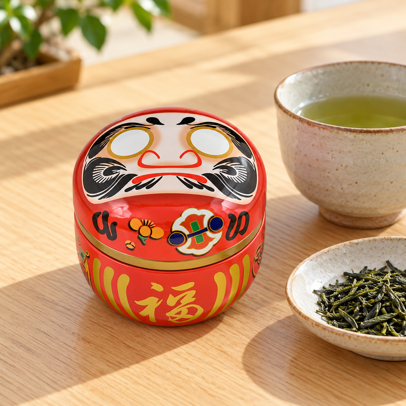 red Daruma tea canister in a tea-table setting