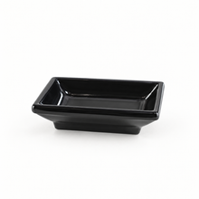 Melamine Rectangular Sauce Dish 3-3/4"x2-1/2", Black. Angled product view.