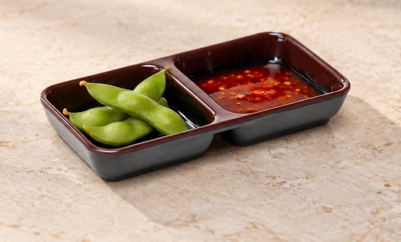 1902TM Tenmoku twin sauce dish with edamame and a separate chili dipping sauce