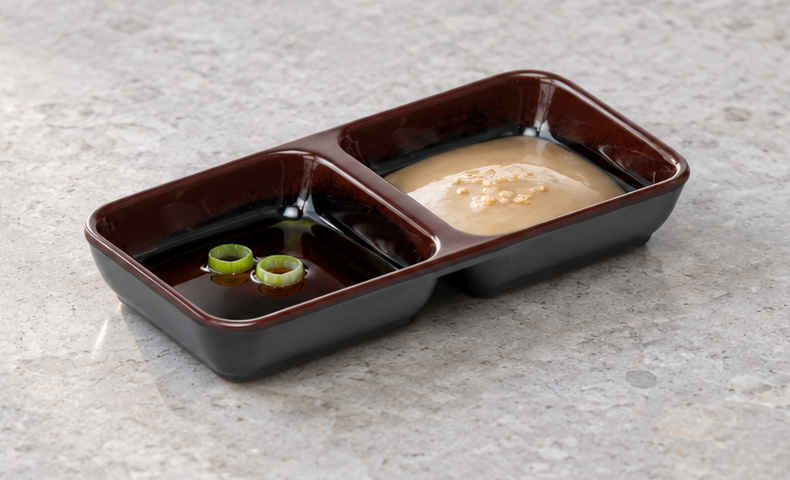1902TM Tenmoku twin sauce dish with two contrasting dipping sauces