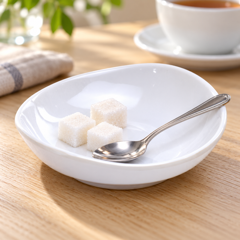 19055WT white melamine saucer dish with sugar cubes and a separate teaspoon