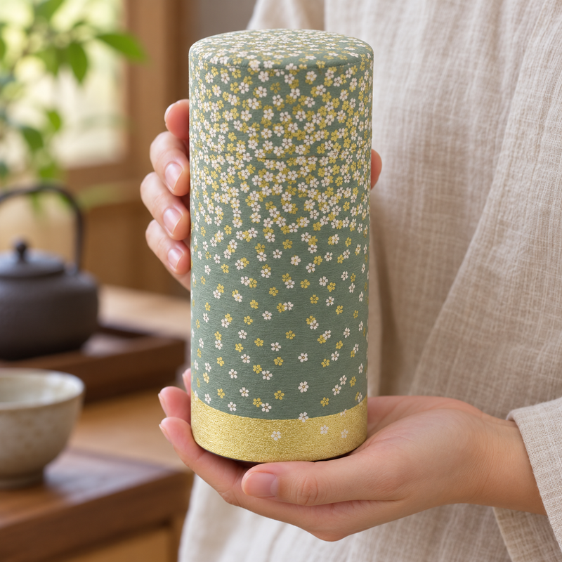 gray-green floral tea canister held during a tea-storage routine